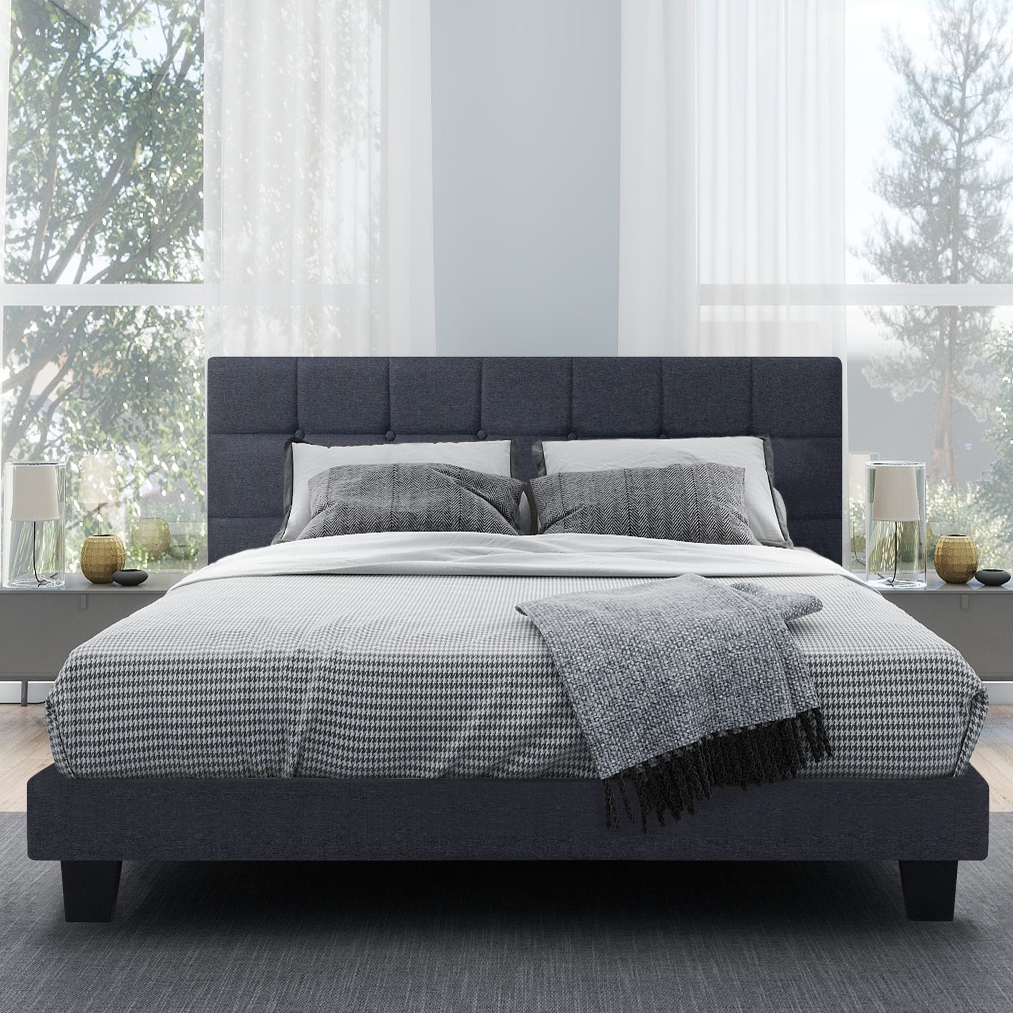 Queen Bed Frame with Headboard, Queen Rose Upholstered Platform Beds