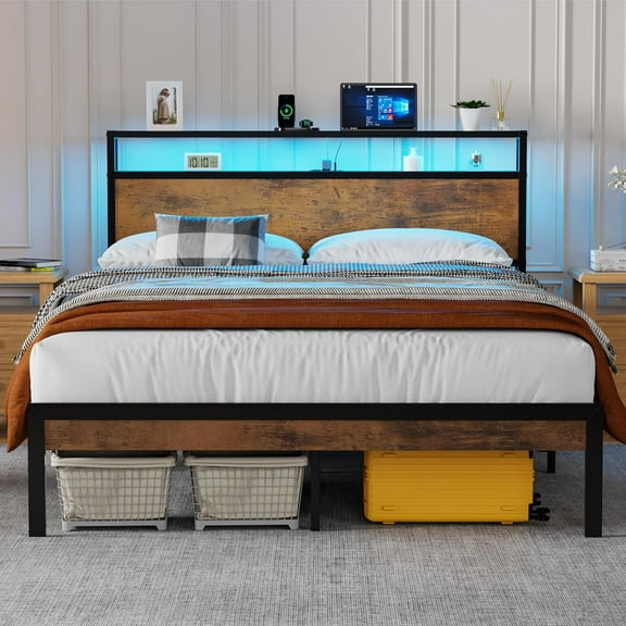 Queen Bed Frame with Headboard, Queen Size Metal Platform Bed Frame with LED Lights & Charging Station, No Box Spring Needed, Wood