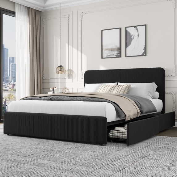 Queen Bed Frame with Headboard & Storage Drawers, Corduroy Upholstered Platform Bed, No Box Spring Needed, Noise-Free, Easy Assembly, Black