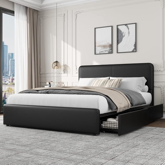 Memoryfield Queen Bed Frame with Headboard & Storage Drawers, PU Upholstered Platform Bed, No Box Spring Needed, Noise-Free, Easy Assembly, Black