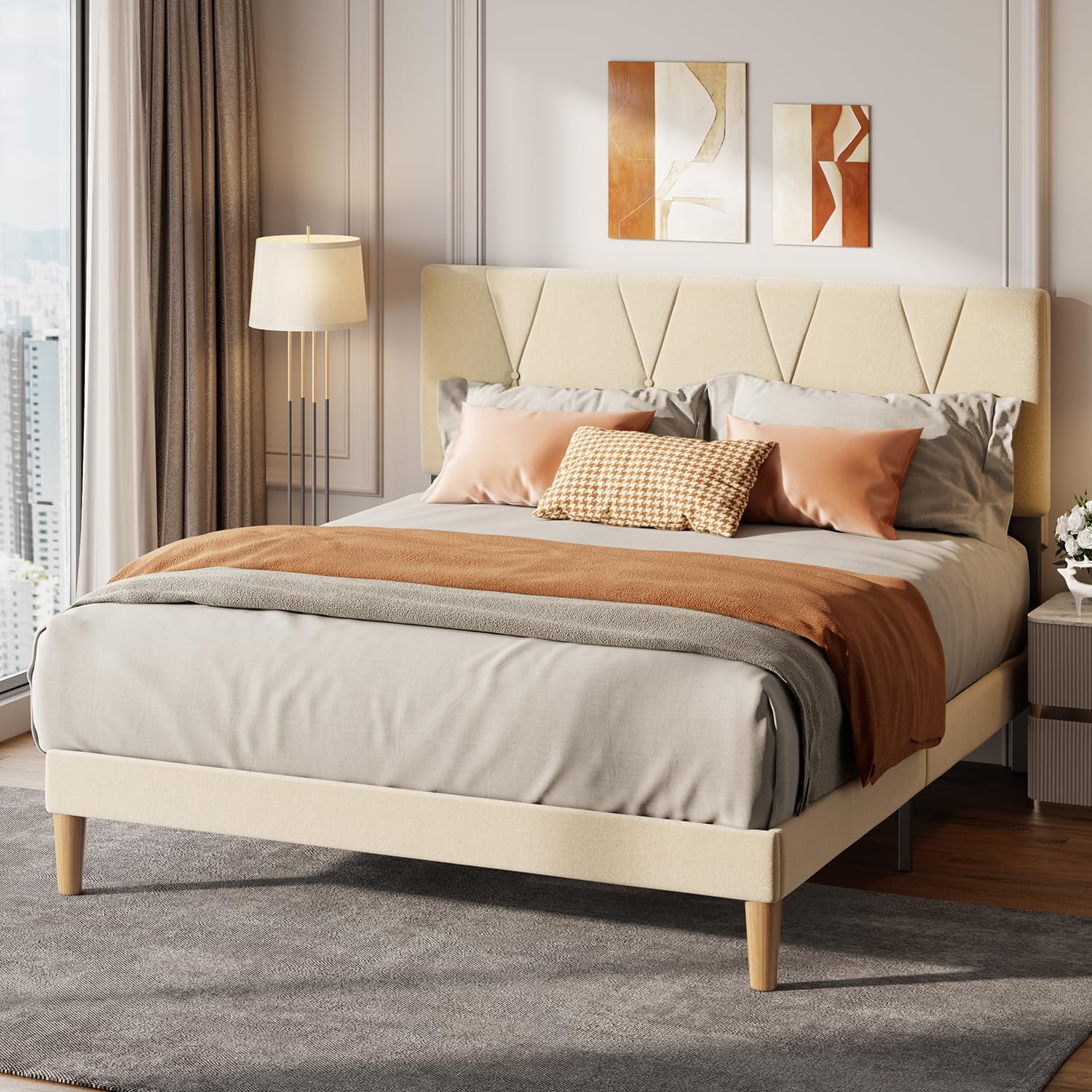 Queen Bed Frame with Headboard, Upholstered Bed Frame Queen, Beige ...