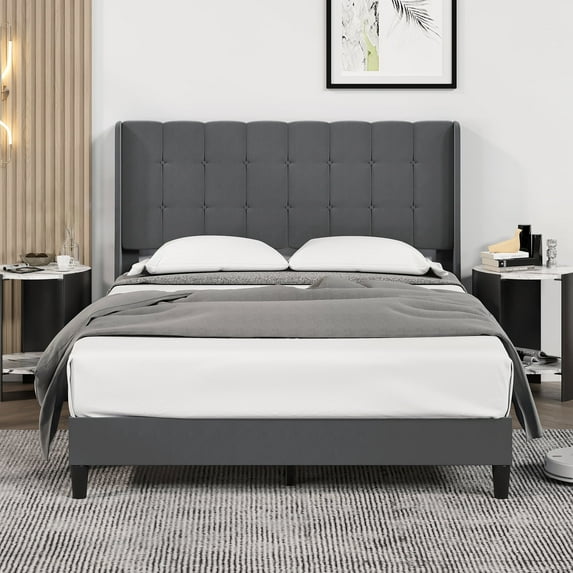Queen Bed Frame with Headboard, Upholstered Bed Frame Queen Size with Tufted Headboard and Wingback, Strong Wood Slat Support, No Box Spring Needed
