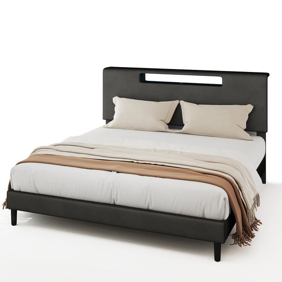 Queen Bed Frame with Headboard Upholstered Bed with LED Lights and USB Type C Charging for Bedroom Support Easy Assembly