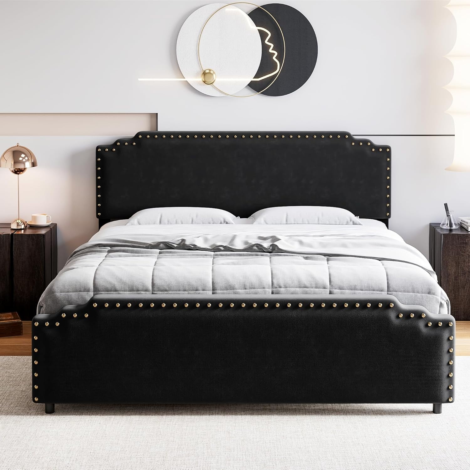 YUSAZENS Queen Bed Frame with Headboard, Velvet Upholstered Platform ...