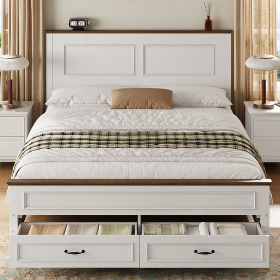 Queen Bed Frame with Headboard, Wood Bed Frame Queen Size with Storage Drawers & Wooden Slats Support, White