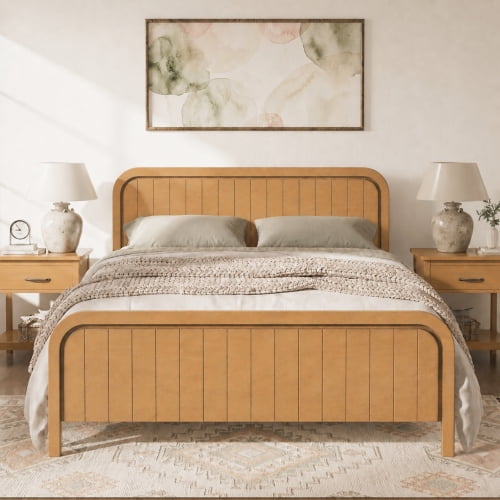 Queen Bed Frame with Headboard, Wood Platform Bed with Sturdy Wooden Slats Support, Noise-Free Design No Box Spring Needed for Bedroom, Natural Oak