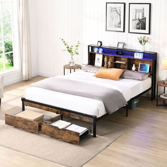 Queen Bed Frame with Headboard and Footboard - USB Charging, Storage, No Box Spring Required