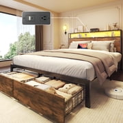 Fluest Queen Bed Frame with 2-Tier Storage Headboard, Metal Bed Frame with Storage Drawers & Built-in Charging Station & LED, Noise-Free, No Box Spring Needed, Easy Assembly, Retro Brown