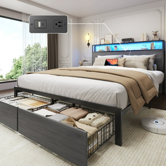 Fluest Queen Bed Frame with 2-Tier Storage Headboard, Metal Bed Frame with Storage Drawers & Built-in Charging Station & LED, Noise-Free, No Box Spring Needed, Easy Assembly, Rustic Grey
