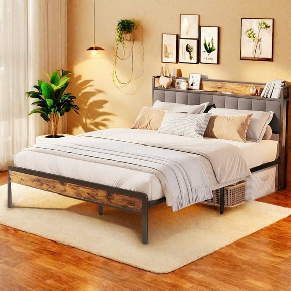 Queen Bed Frame with Headboard and Storage , Lofka Queen Bed Frame, No Box Spring Required, Noise Free,Dark Gray