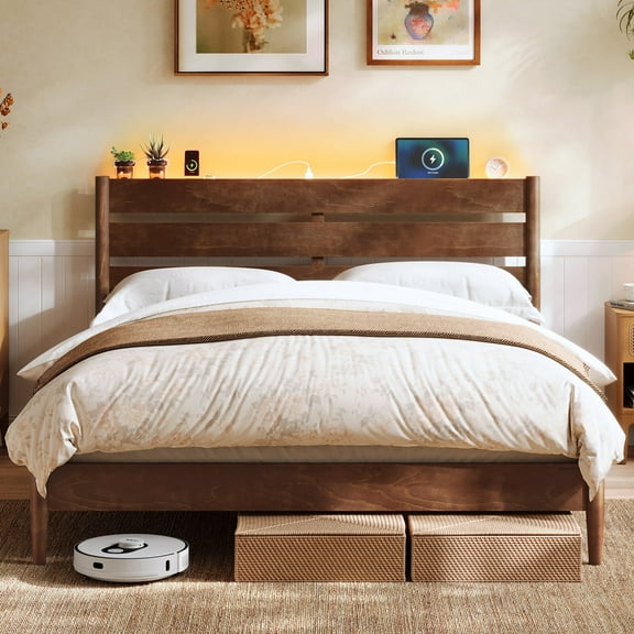 Queen Bed Frame with LED Headboard & Charging Station - Solid Wood Platform, No Box Spring Needed, Mid-Century Modern, Coffee Brown