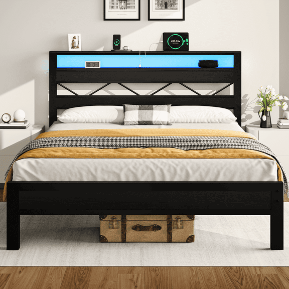 Queen Bed Frame with LED Light & Charging Station, Storage Headboard Metal Platform Bed, Heavy Duty Support, No Box Spring Needed, Black
