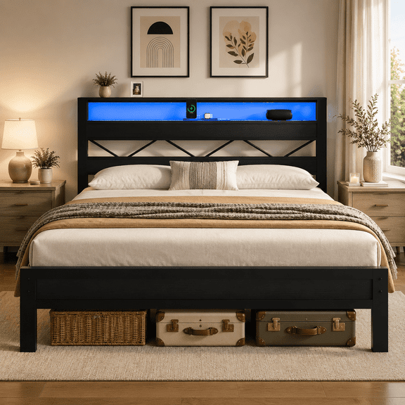 Queen Bed Frame with LED Light & Charging Station, Storage Headboard Metal Platform Bed, Heavy Duty Support, No Box Spring Needed, Black