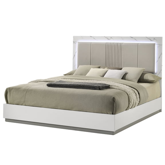 Queen Bed Frame with LED Light Headboard, Upholstered Platform Bed, White Marble Texture Finish, No Box Spring Required