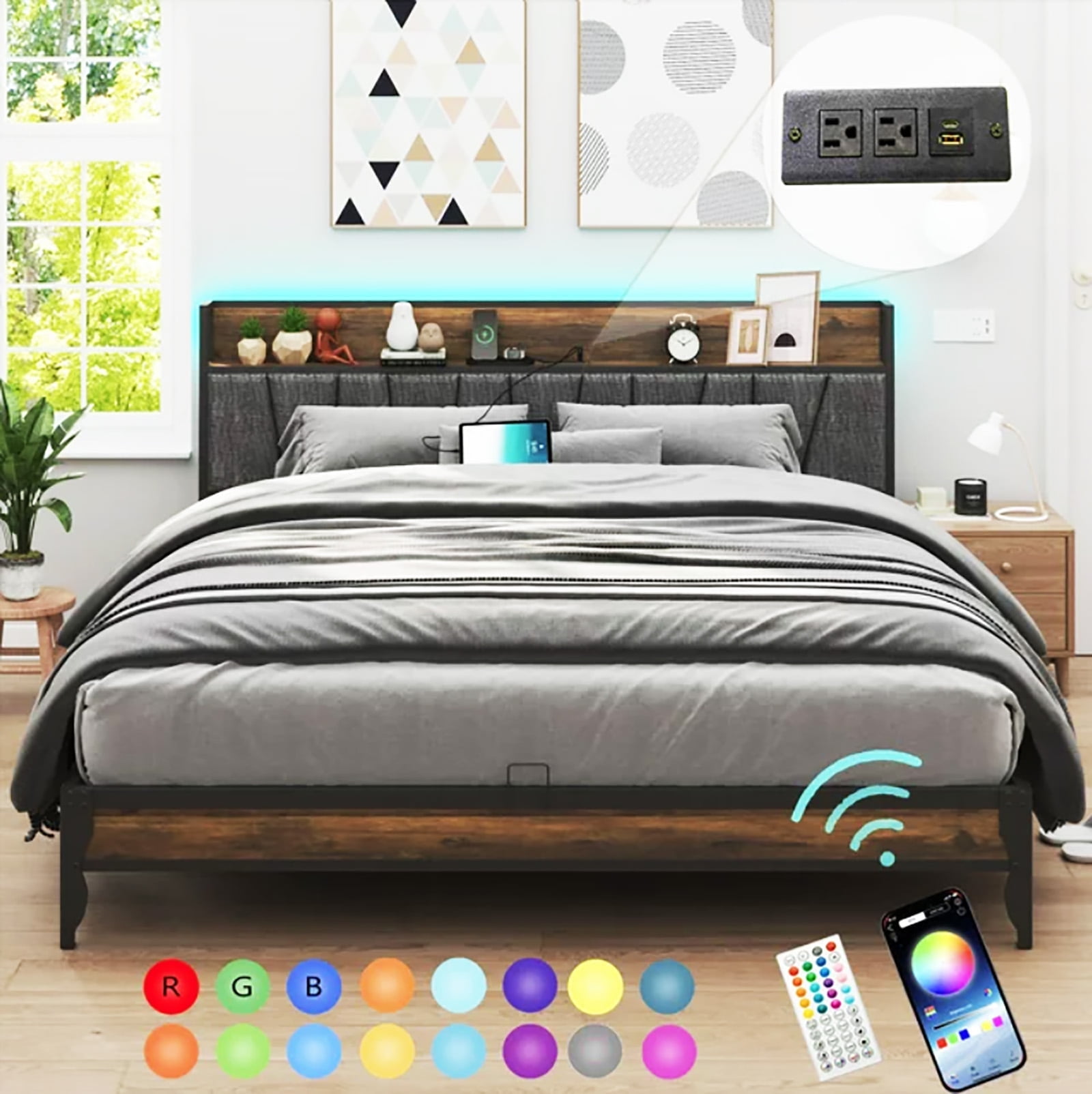 Blotout Queen Bed Frame with LED Light, Power Outl