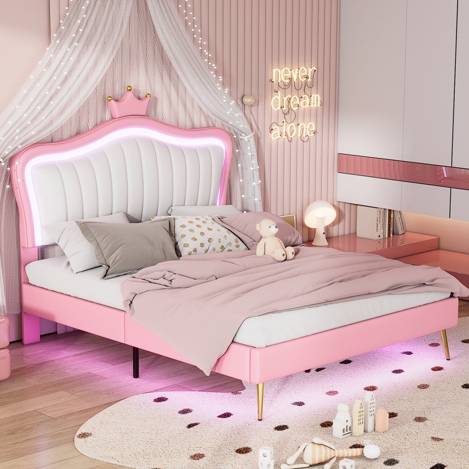 Queen Bed Frame with LED Lights, Princess Bed with Crown Headboard, PU