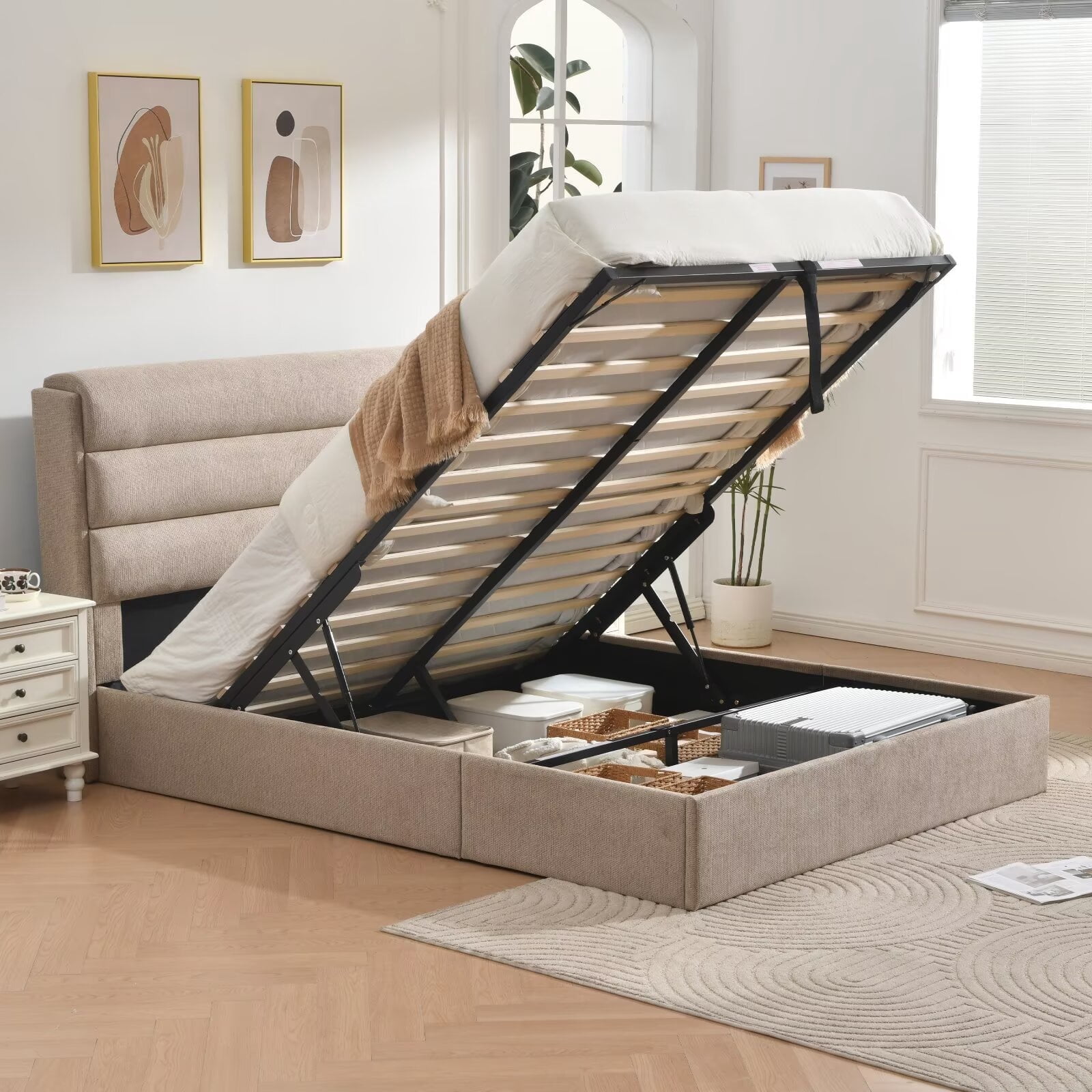 Queen Bed Frame with Lift Up Storage, Wood Bed Frame with Headboard and Solid Wood Slats Support, Sturdy and Noiseless, Mushroom