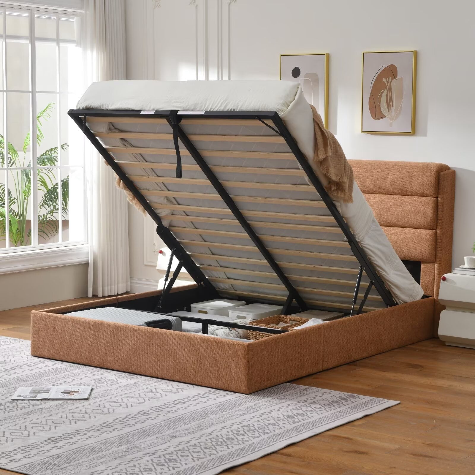 Queen Bed Frame with Lift Up Storage, Wood Bed Frame with Headboard and Solid Wood Slats Support, Sturdy and Noiseless, Ocher