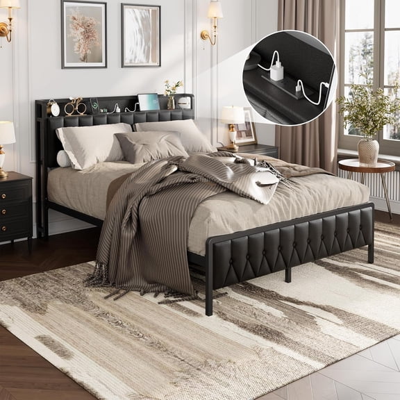 Queen Bed Frame with PU Faux Leather & Charging Station, Upholstered Platform Bed with 12" Underbed Storage & Metal Frame | Noise-Free