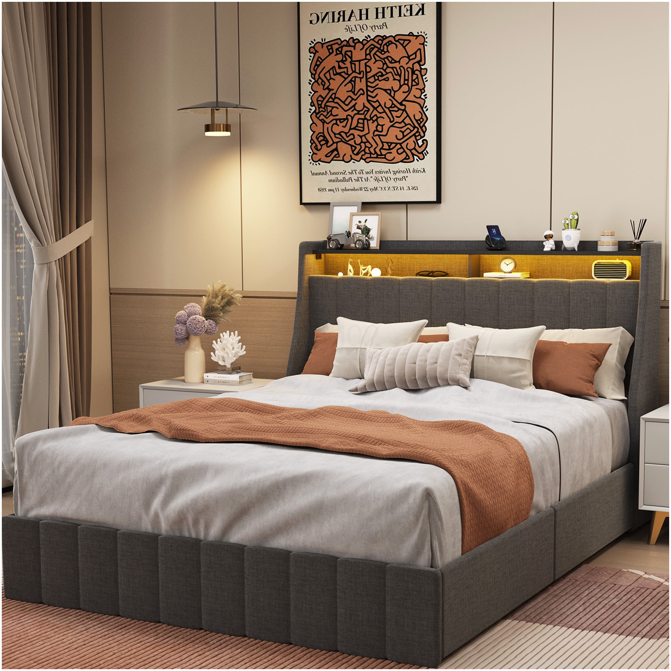 Queen Bed Frame with RGB LED Lights, Storage Drawers, Upholstered Linen Fabric Platform Bed, No Box Spring Needed, Dark Grey
