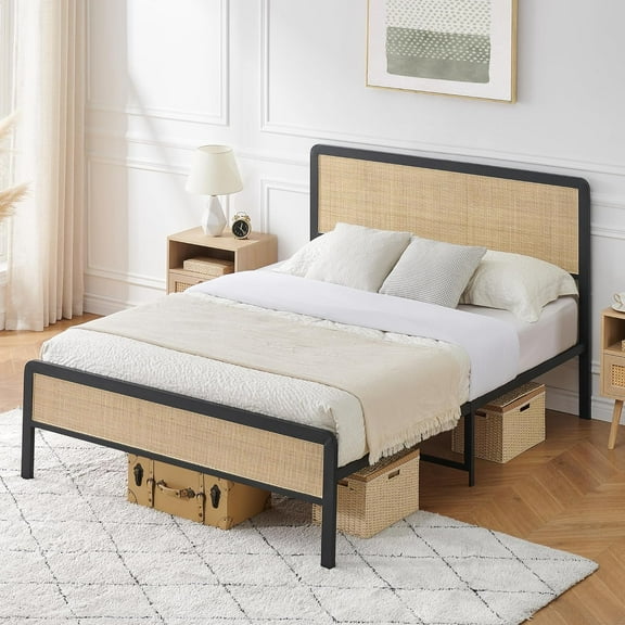 Queen Bed Frame with Rattan Headboard & Footboard, Boho Platform, Metal Slats, No Box Spring, Storage, Oak/Black