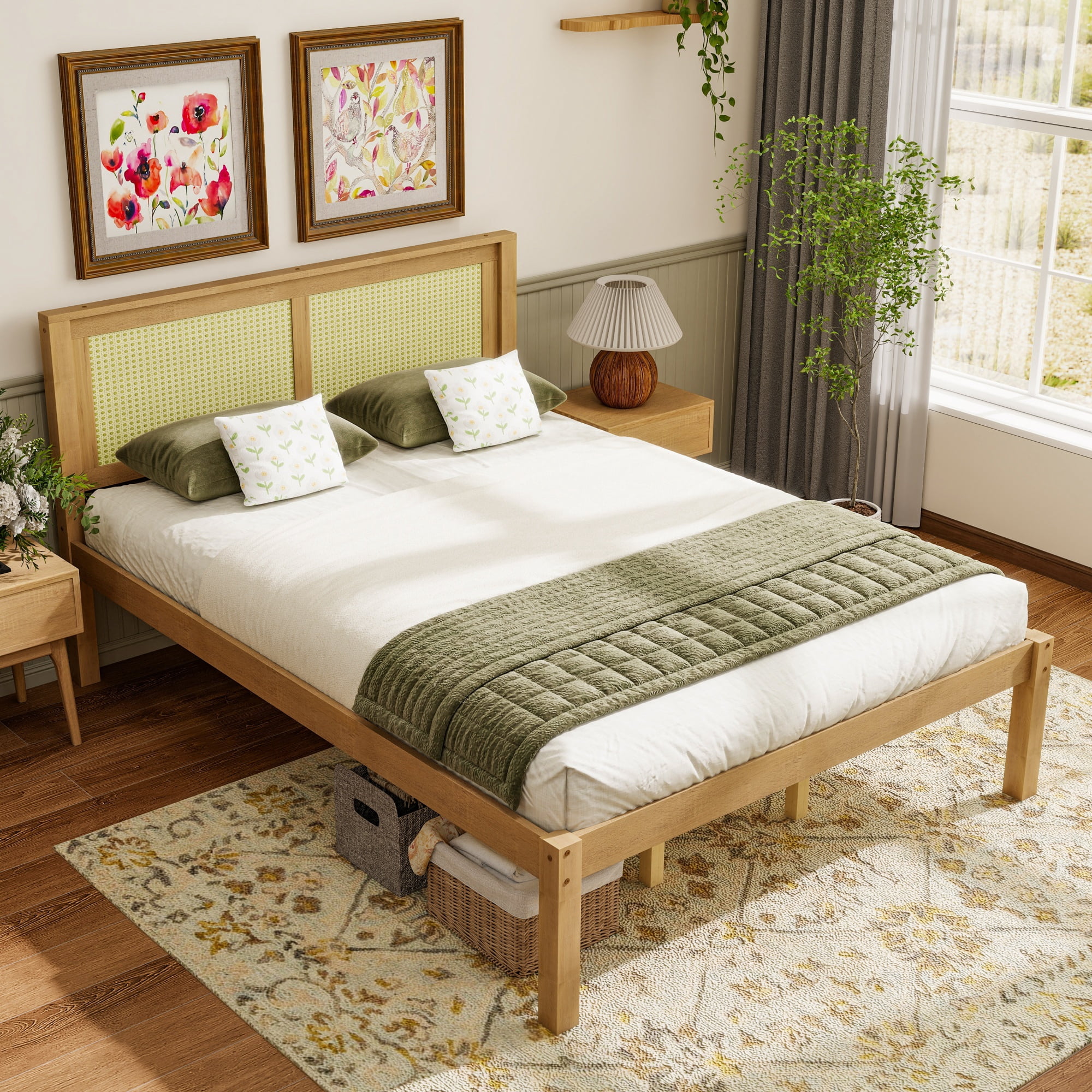 Queen Bed Frame with Rattan Headboard, Solid Wood Platform Bed and Farmhouse Boho Bed Frame with Under-Bed Storage for Bedroom, Natural Wood