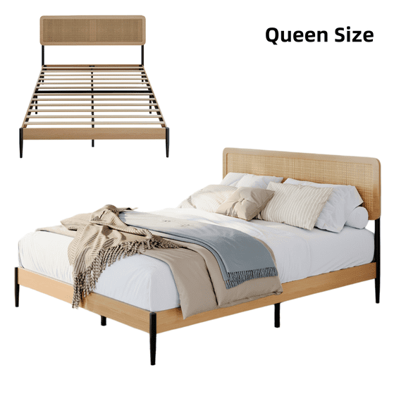 Queen Bed Frame with Rattan Headboard, Under Bed Storage, Noise Free, Easy Assembly