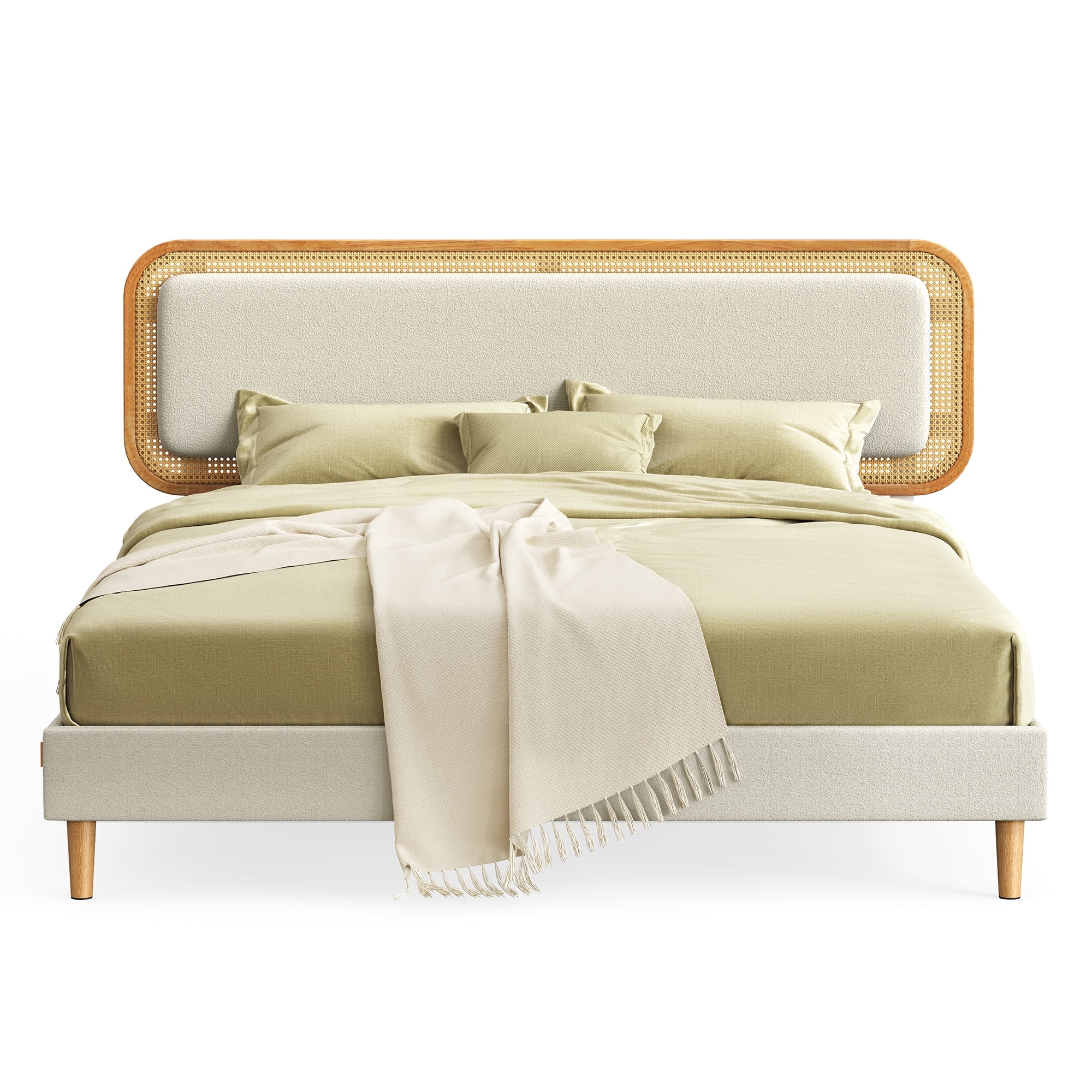 Queen Bed Frame, with RattanLike Adjustable Upholstered Headboard