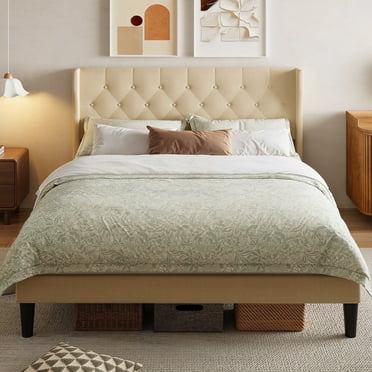 Upholstered Queen Bed Frame with Headboard, Queen Size Platform with 12 Solid Wooden Slats, Beige