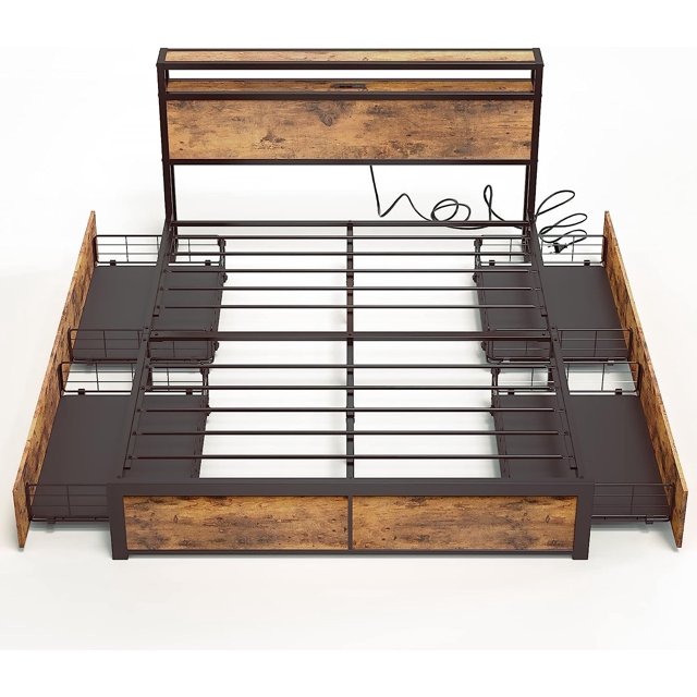 Queen Bed Frame with Storage Drawer 2Tier Storage Headboard with