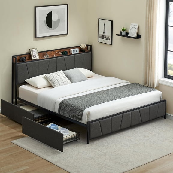 Queen Bed Frame with Storage Drawer, Metal Platform Bed with Charging Station, Upholstered Button Tufted Storage Headboard