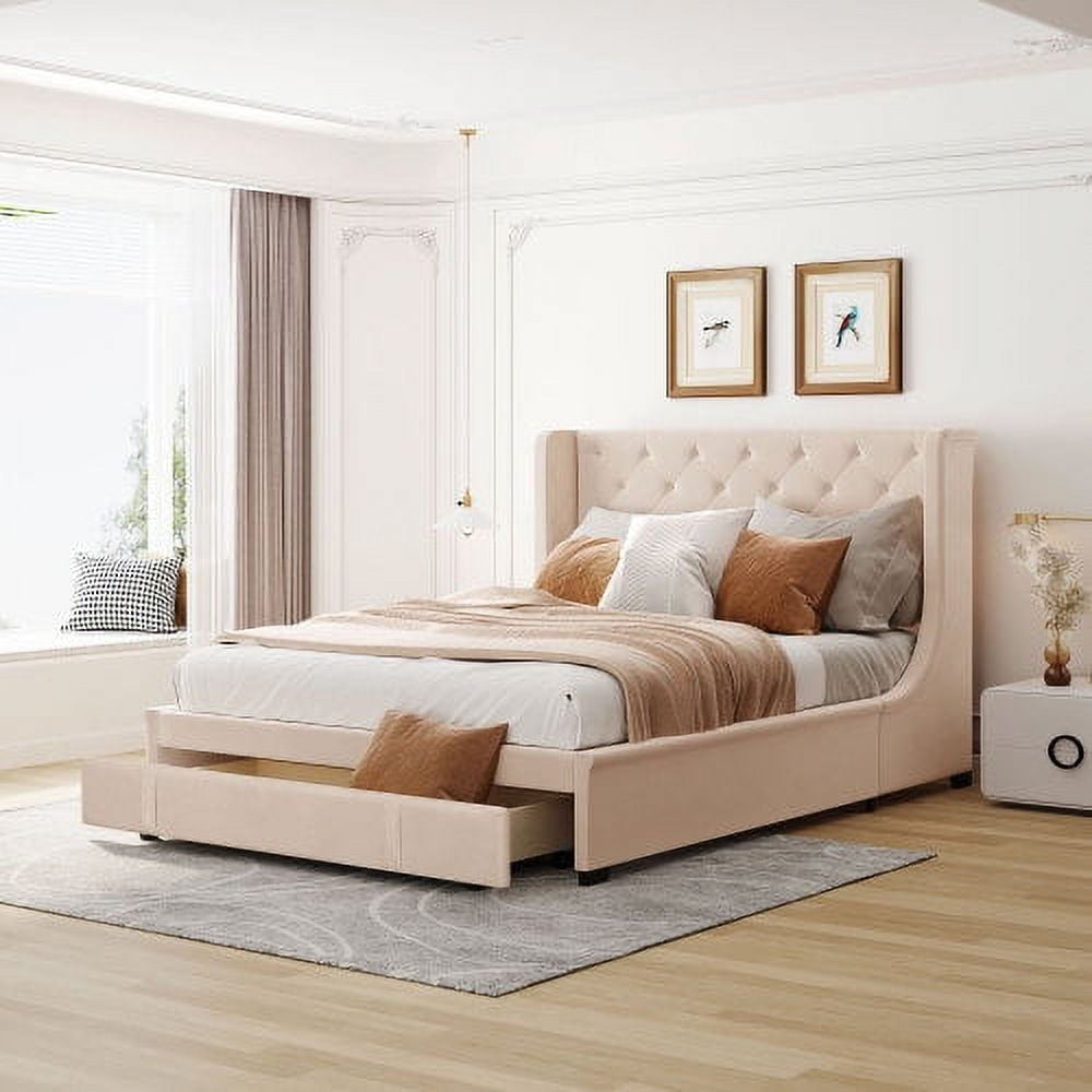 Beige queen bed cheap frame with storage