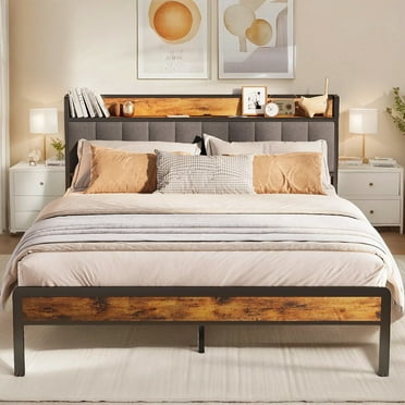 Queen Bed Frame with Storage Headboard Camas Queen Size, Metal Platform Bed Hold 1000 lbs, Dark Gray