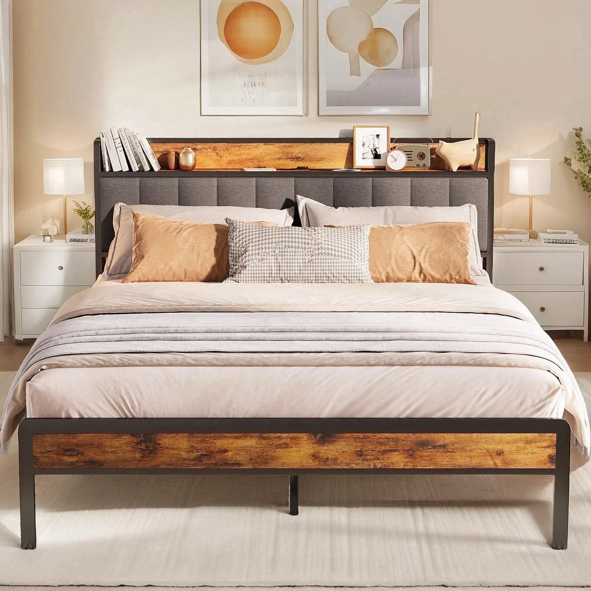Full Bed Frame with Storage Headboard Camas Full Size, Metal Platform Bed Hold 1000 lbs, Dark Gray