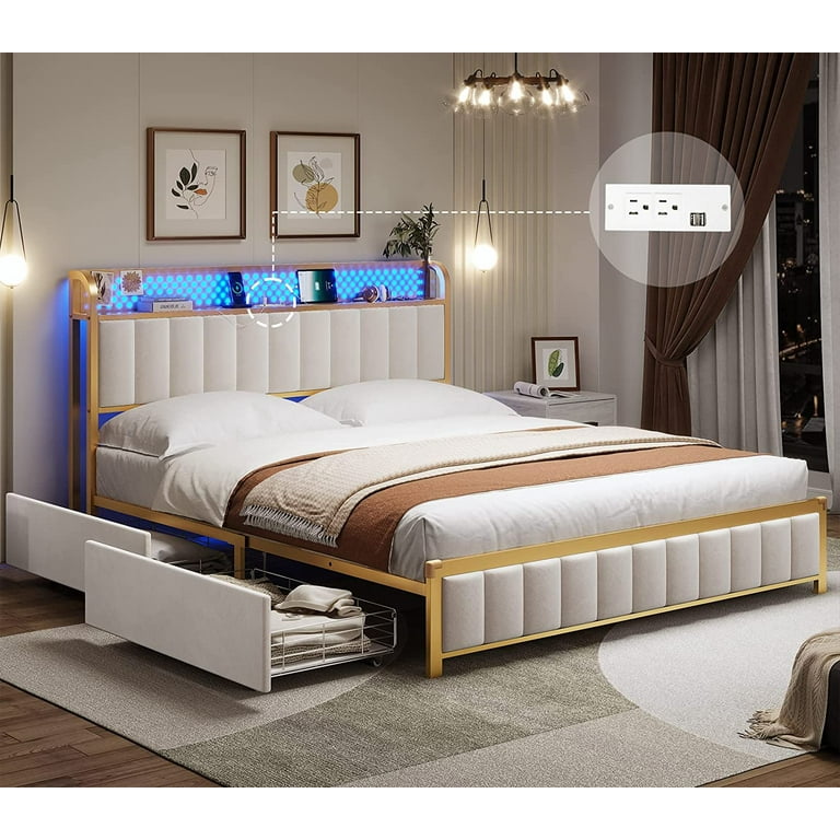 Queen Bed Frame with Storage Headboard Drawers LED Bed Frame with USB Ports Outlets Platform Bed with Upholstered Headboard White