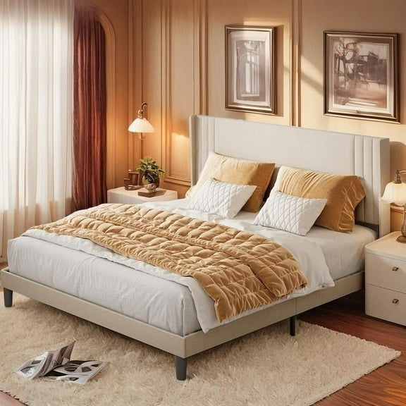 Lofka Queen Bed Frame with Headboard, Camas Queen Size, Metal Bed Frame Hold 850 lbs, Beige