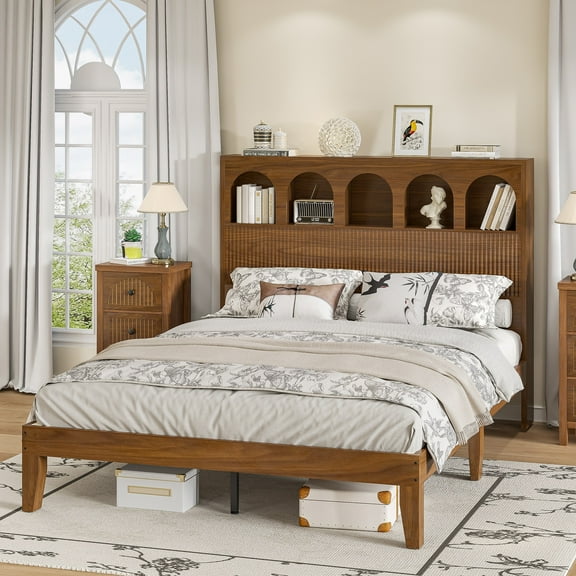 Queen Bed Frame with Storage Headboard, Wooden Platform Bed for Bedroom (Walnut Color)