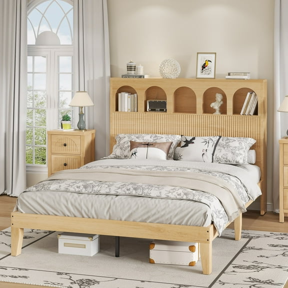 Queen Bed Frame with Storage Headboard, Wooden Platform Bed for Bedroom (Wood Color)