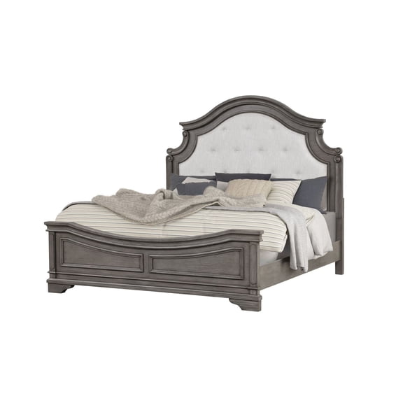 Queen Bed Frame with Tufted Headboard, Grace Traditional Style Wooden Bed, Rustic Gray Finish, Solid Hardwood Construction, Bedroom Furniture