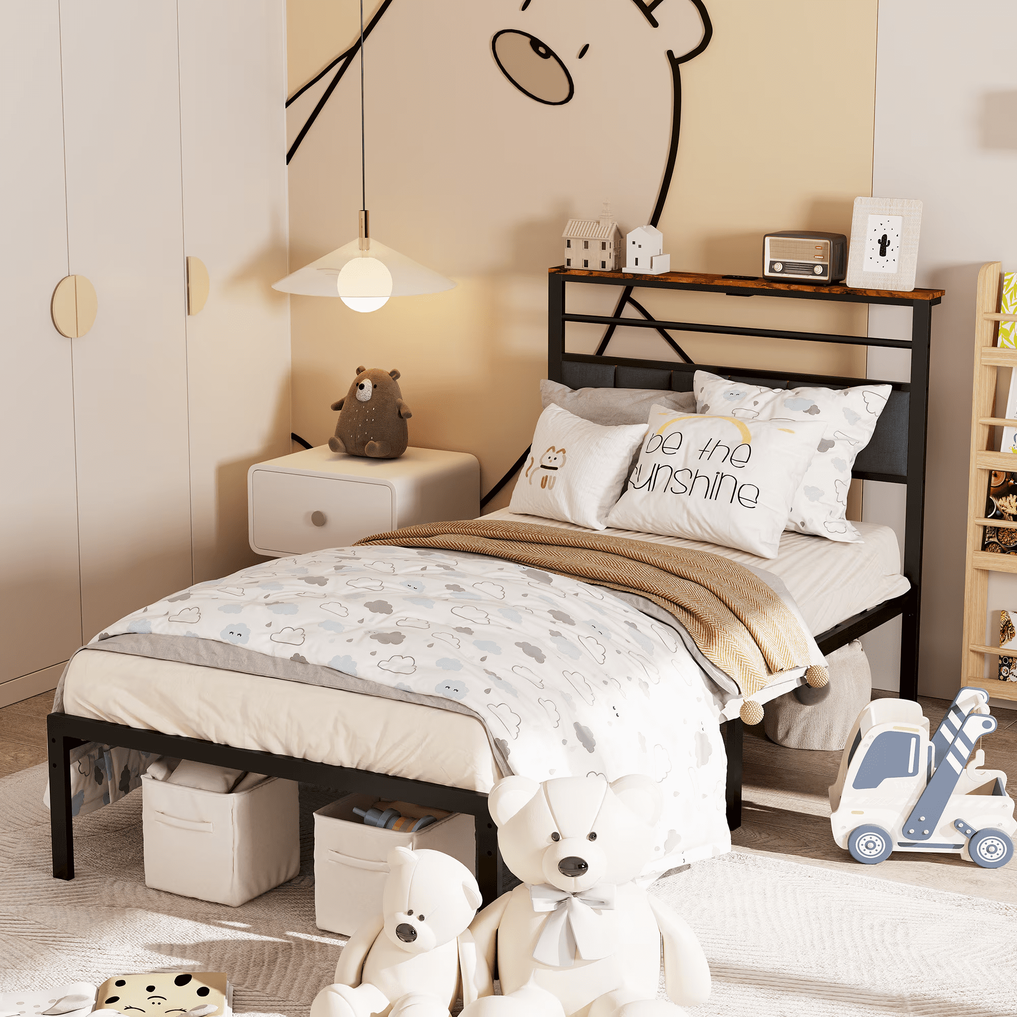 Queen Bed Frame with USB Charging and Storage Shelf for Bedroom