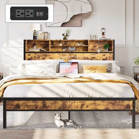 Queen Bed Frame with USB, Metal Platform Bed with Storage Headboard for Adult Teen, Vintage Brown