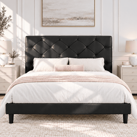 Base de Cama Queen con Cabecera Tapizada de Cuero Sintético, UHOMEPRO Base de Cama Tipo Plataforma con Soporte de Listones de Madera, No Se Necesita Box Spring, Negro
