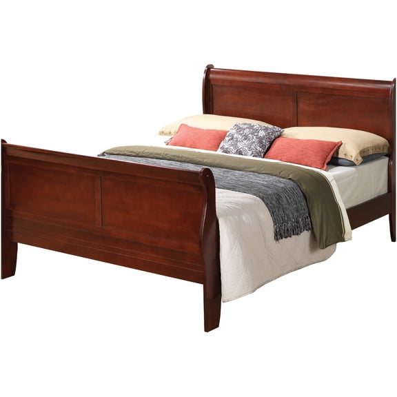 Queen Bed Frame with Upholstered Headboard, Cherry Wood Platform Bed with Slats, No Box Spring Needed, Traditional Style Bedroom Furniture