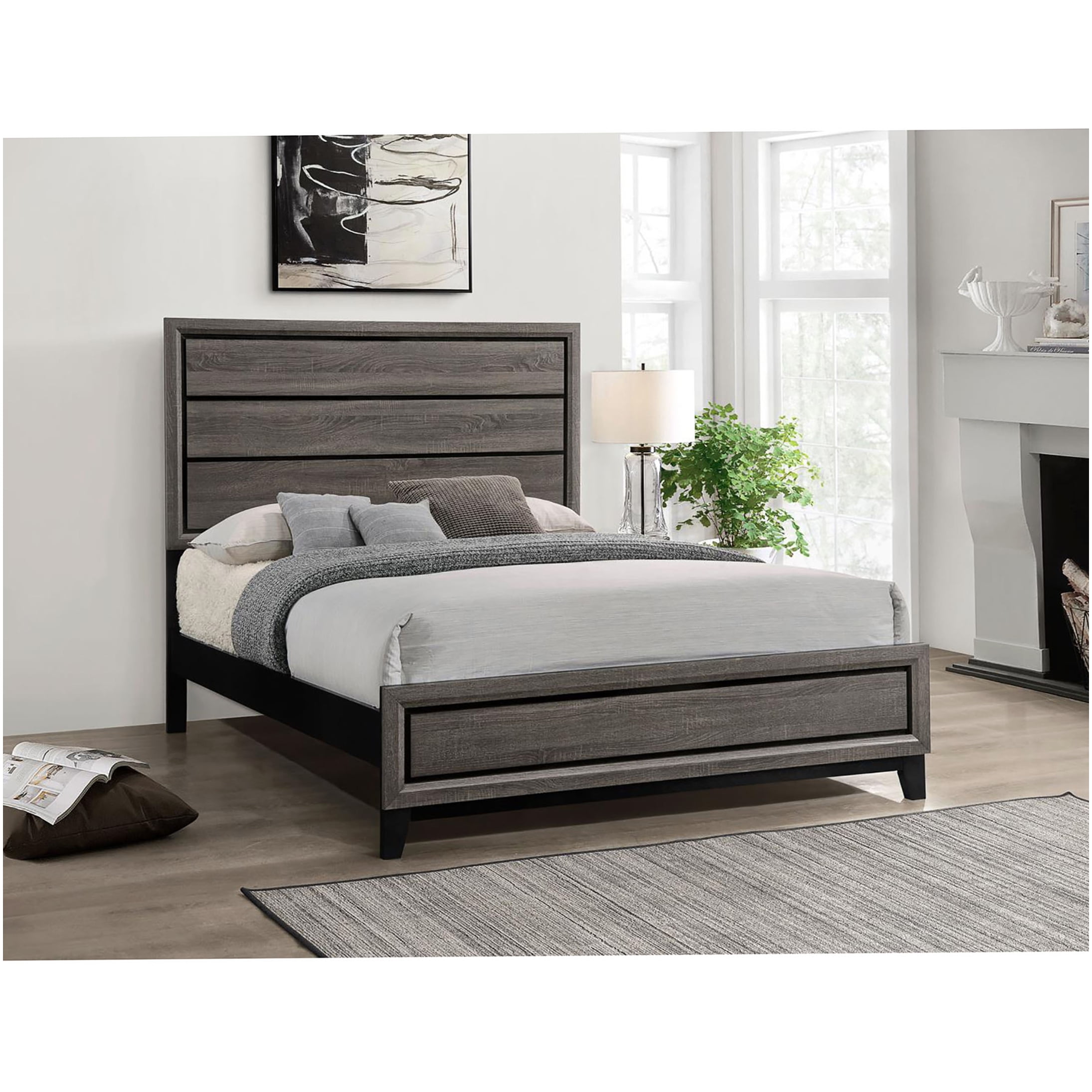 Queen Bed Frame with Upholstered Headboard, Grey Wood Platform Bed, Modern Farmhouse Style, No Box Spring Needed