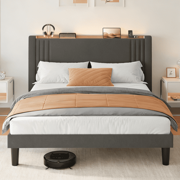 Bed Frame Queen Size with LED Lights & Charging Station, Lofka Upholstered Wingback Bed with Storage Headboard, No Box Spring Needed, Dark Gray