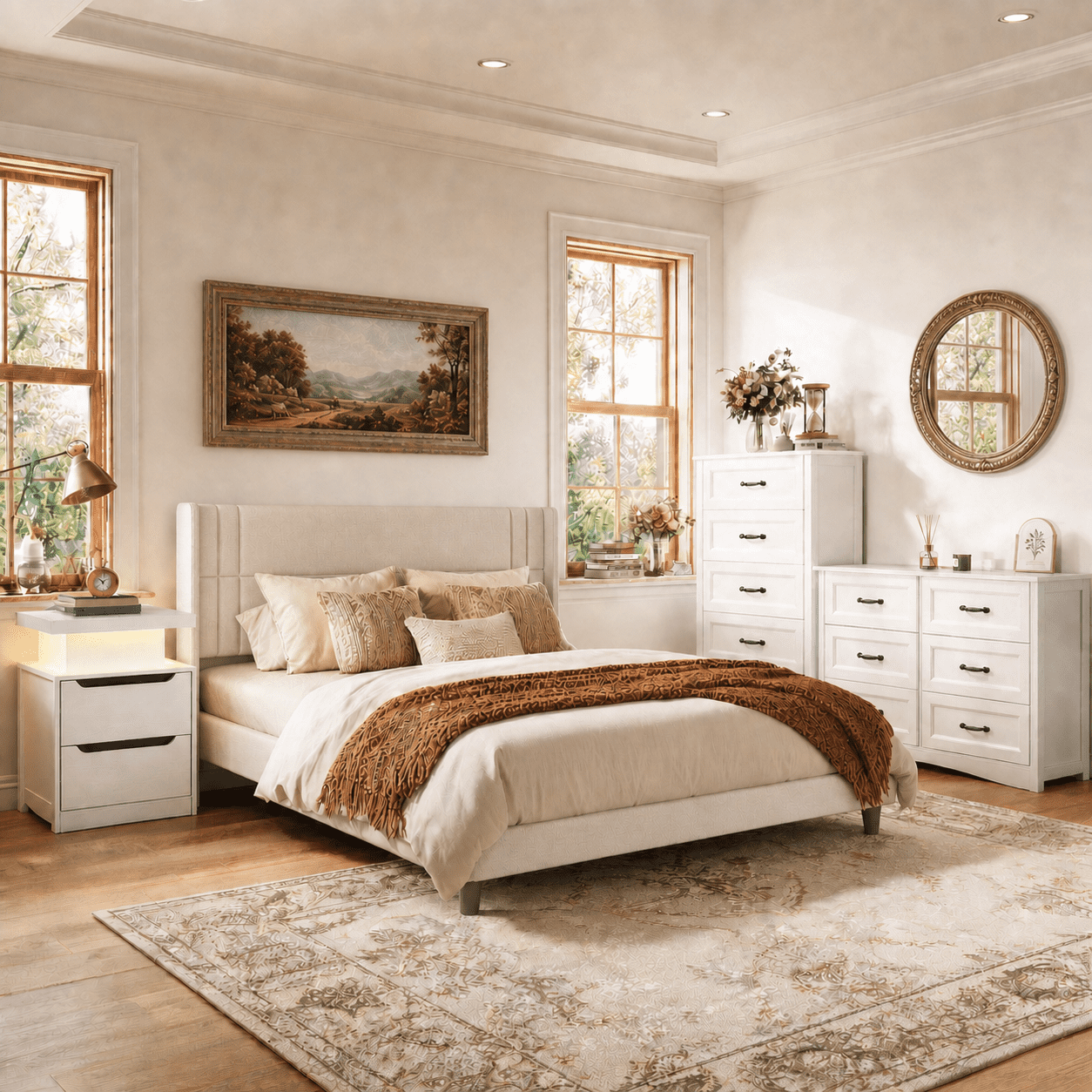 brown bed frame with white dresser 4-piece Bedroom Furniture Set, Queen Upholstered Adjustable Headboard, Smart Nightstand with Charging Station & RGB LED Lights, 6 mixing dark brown and white bedroom furniture
