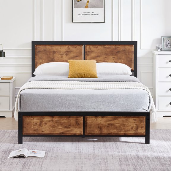 Queen Bed Frame with Wood Headboard, Heavy-Duty Metal Platform, No Box Spring Needed, Storage Space, Easy Assembly