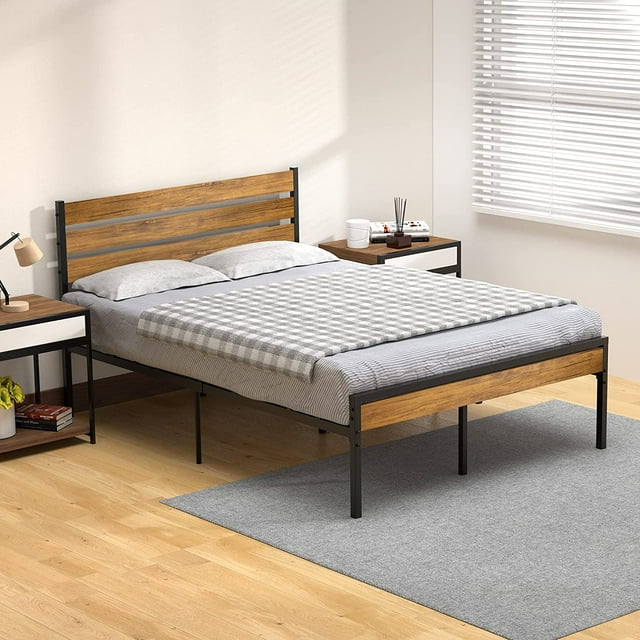 Queen Bed Frame with Wood Headboard and Metal Slats Support Platform Bed Frame with Storage No Box Spring Needed