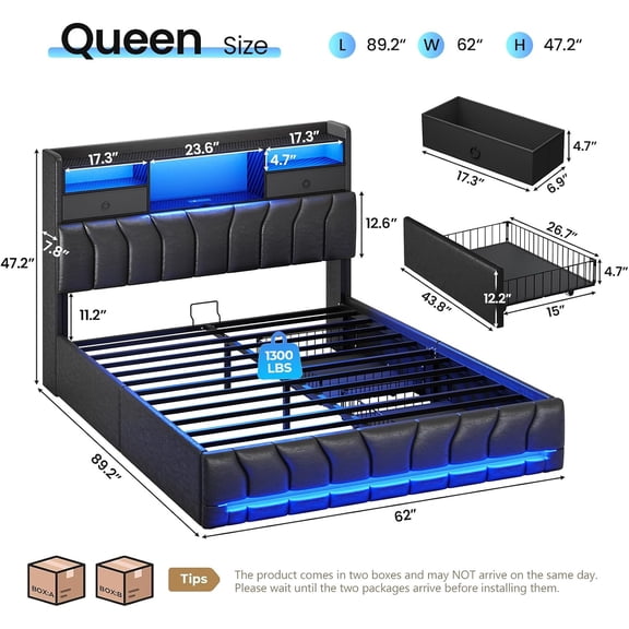 Queen Bed Frames with Storage Headboard and 2 Large Drawers, Gaming Bed with RGB Lights and Charging Station, Leather Upholstered Platform Bed, Esports-Style Bed, No Box Spring Needed, Black