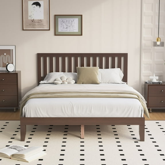 Queen Bed Frames, Telino Wood Platforms Bed Frame with Wooden Slats Support, No Box Spring Needed, Espresso